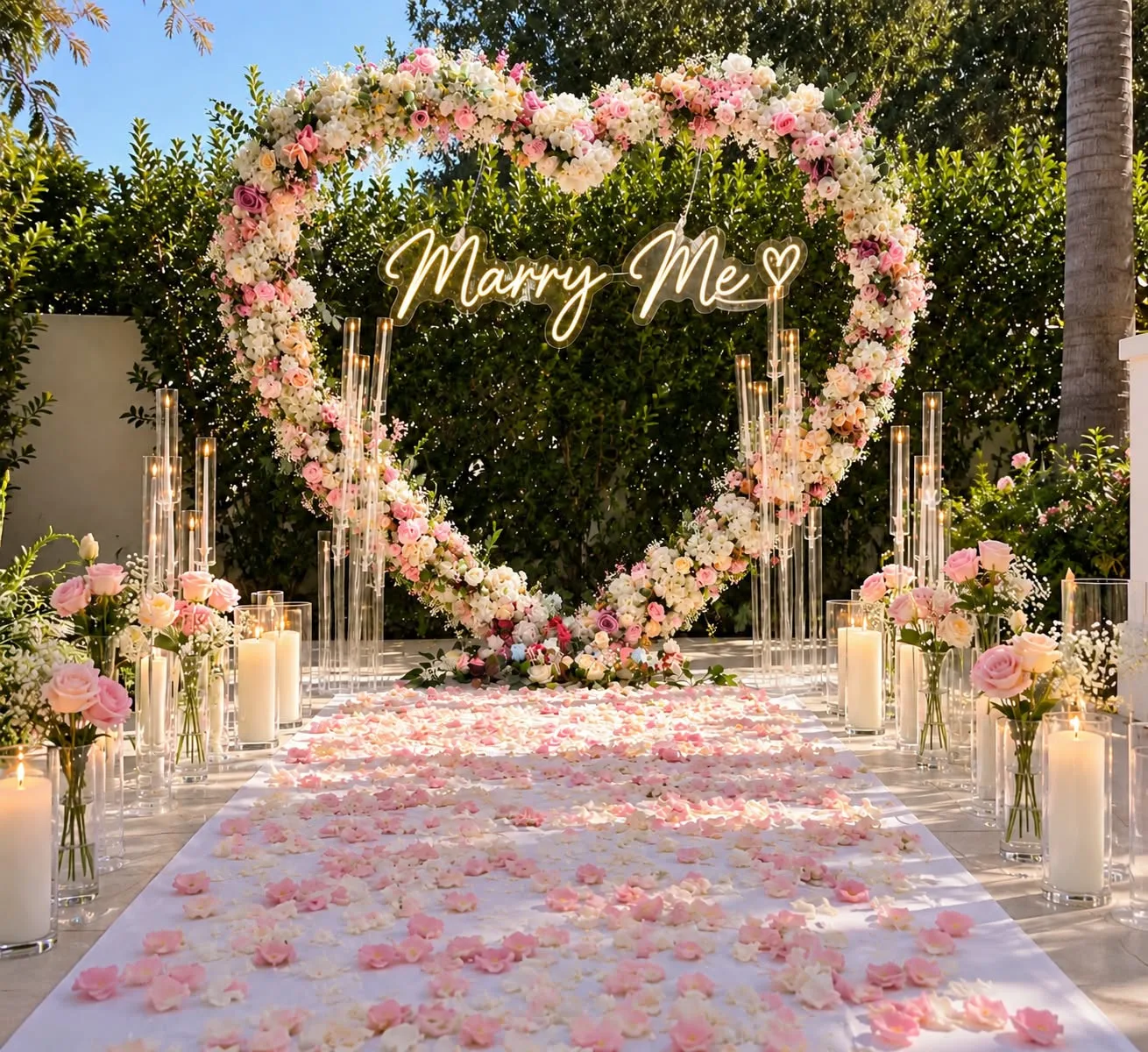 לב מפרחים לבנים וורודים עם שלט מואר Marry Me, שביל עלי כותרת ונרות בכלי זכוכית בגינה