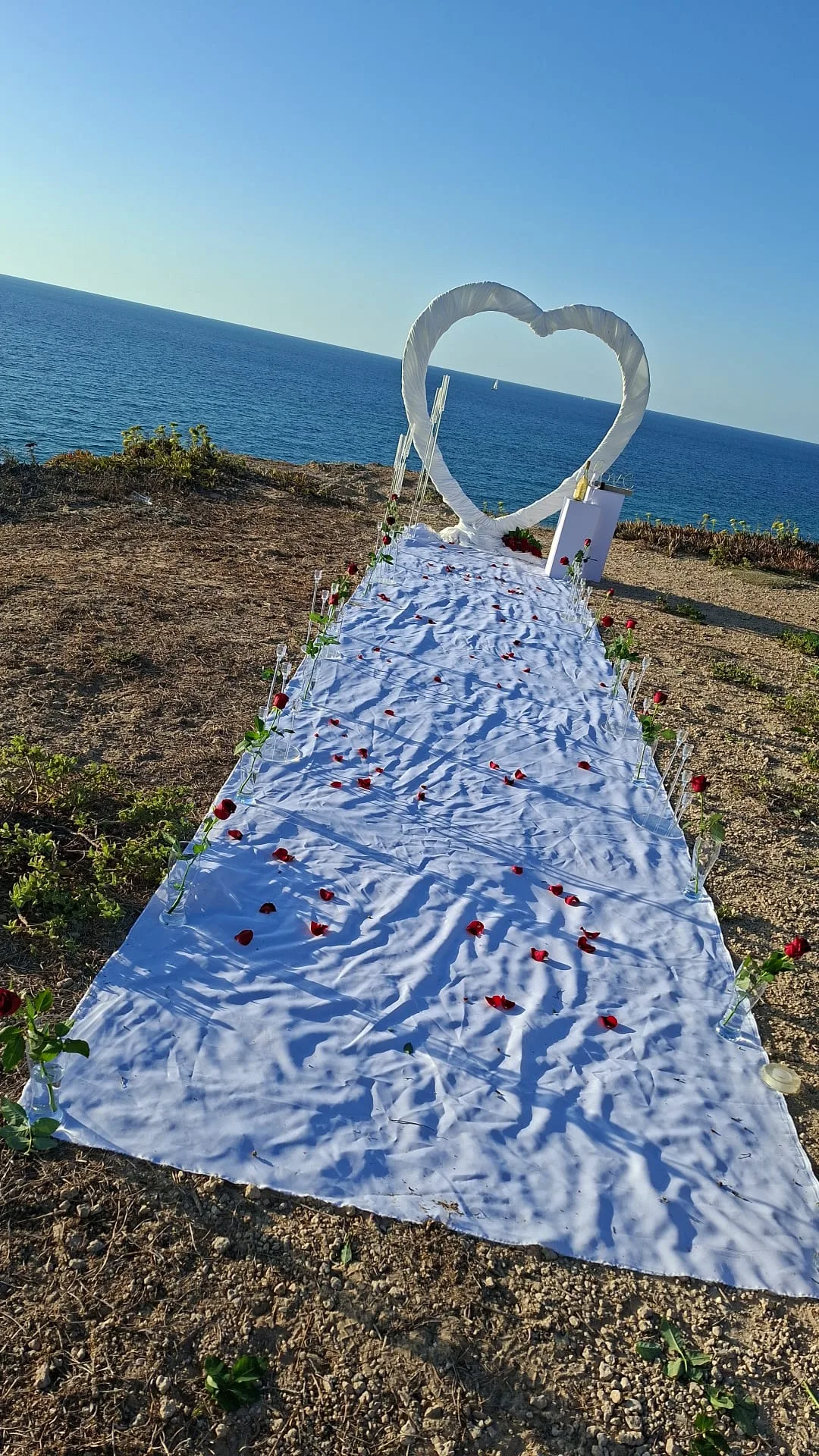 מבט נוסף על השביל הלבן, הפרחים ולב התפאורה מול הים
